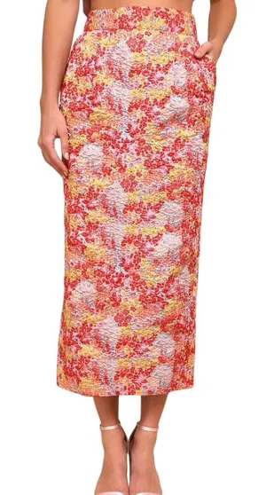 Lulu’s Ellarina Pink Multi Metallic Jacquard Midi Skirt Size M thumbnail 1
