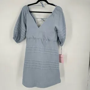NWT Avec Les Filles‎ Women's Tie Back Puff Sleeve Babydoll Dress Blue Size Small thumbnail 3