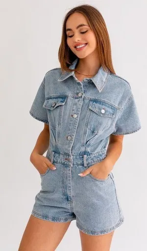Le lis | Short Sleeve Denim Romper thumbnail 1
