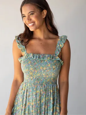 Natural Life Megan Floral Smocked Midi Dress with Ruffle Straps Size Small thumbnail 3
