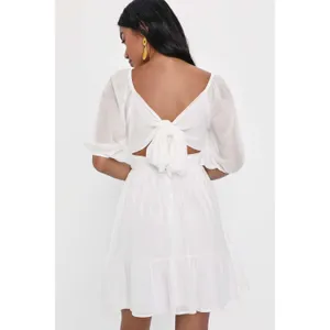 NWT Lulus Ethereal Arrival White Puff Sleeve Tie-Back Chiffon Mini Dress Size S thumbnail 3