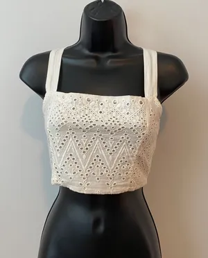 Free People Cotton Boho Coastal Eyelet Smocked Tie Back Crop Top XS Ivory thumbnail 1