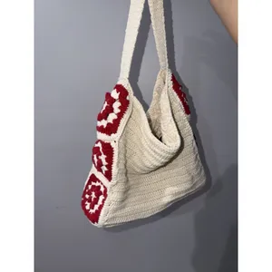 Crochet Granny Square Shoulder Tote Bag Red Beige Handmade Afghan Boho L‎ thumbnail 5