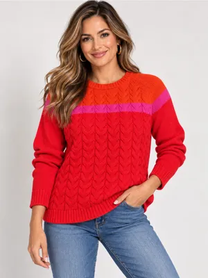 VTG Lands’ End Drifter Cotton Sweater L Red Orange Pink Colorblock Cable Knit thumbnail 1