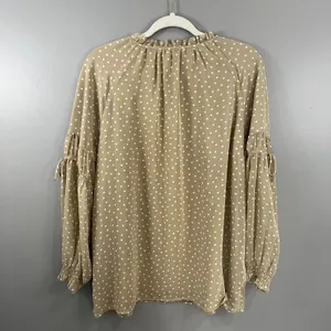 Susan Graver Tan White Polka Dot Sheer Chiffon Raglan Sleeve Peasant Top Medium thumbnail 5