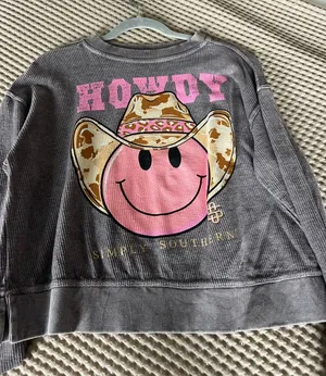Simply Southern Gray Pullover with Pink Smiley and Cowgirl Hat thumbnail 1