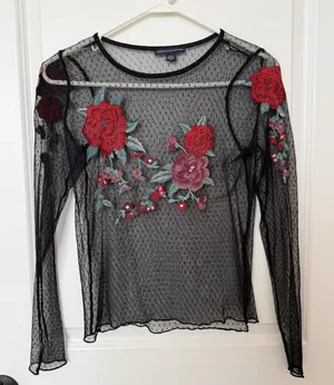 AEO Womens Dark‎ Romance Sheer Floral Appliqué Top Size Small Whimsigoth Fairy thumbnail 1