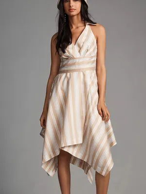 Anthropologie Maeve Asymmetrical Striped Wrap Halter Shirt Dress Size 14 Coastal thumbnail 13
