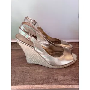 Lilly Pulitzer Gold‎ Metallic Leather Wedge Peep Toe Slingback Sandals *READ thumbnail 8