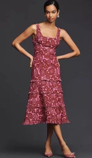 Anthropologie NWT By The Blythe Square-Neck Tiered Dress Color Pink combo Sz XXS thumbnail 1
