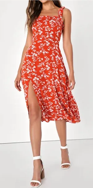 LULUS Women’s Garden Date Red Orange Floral Print Ruffle Midi Dress size XXS thumbnail 1