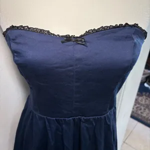 Altar'd State Strapless‎ Babydoll Mini Dress Lace Trim Blue Bubble Hem Sz M USA thumbnail 2