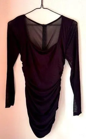 Black bodycon ruched square neck mesh long sleeve mini dress size medium thumbnail 1