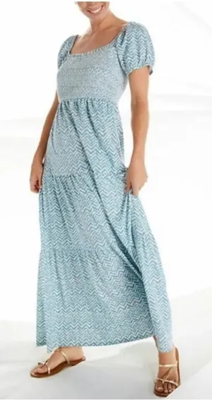 Daily Practice Anthropologie Blue and White Chevron smocked tiered Maxi Dress Si thumbnail 1