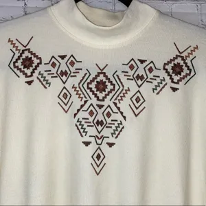 Vintage Southwestern Aztec‎ Sweatshirt Petite Medium Cream Mock Neck Pullover thumbnail 2