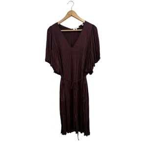 Vince Oxblood Pleated Crushed Satin V-Neck Midi Dress with Pockets Sz Medium thumbnail 4