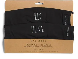 Rae Dunn His Hers Reusable Face Masks‎ Black NEW thumbnail 1