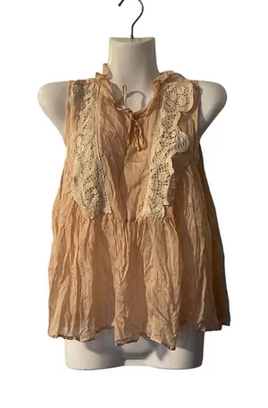 Crochet Crinkled Bohemian Sleeveless Babydoll Blouse Cottagecore Flowy Romantic thumbnail 1