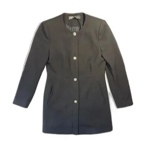 Zara Black Frock Coat Large Collarless Gold Snap Button Longline Blazer Jacket thumbnail 1