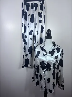Satin Cow Animal Print 2-Piece Pajama Set Button Front Collared Black/White thumbnail 5