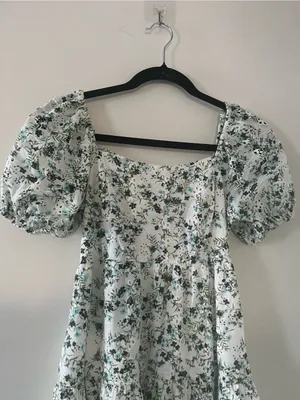 100% Cotton Green White Floral Puff Sleeve Mini Dress Small Cottagecore Romantic thumbnail 2
