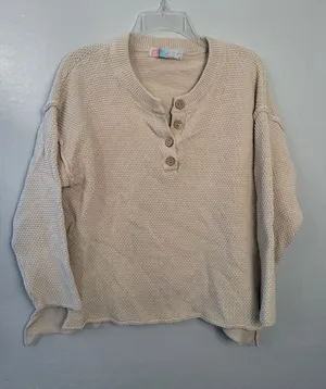Free People Beach "Hailee" Waffle-Knit Henley Sweater size small cream beige thumbnail 1