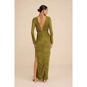 Lulus Seren Olive Green Plisse Surplice Maxi Dress Formal Long Sleeve Small NWT thumbnail 4