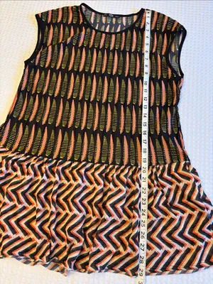 Zara MEDIUM Boho Tunic Top Sleeveless Blouse Black Coral Patterned Ruffle Hem thumbnail 12