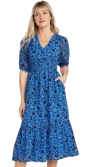 Old Navy Women's Blue Floral Midi Dress Smocked Waist V Neck Casual - L EUC thumbnail 1
