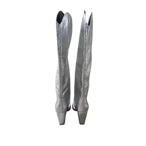 Steve Madden Metallic Silver Crinkled Knee High Block Heel Pointed Toe Boots 6.5 thumbnail 4