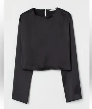 H&M Black Satin Long Sleeve Cropped Blouse thumbnail 1