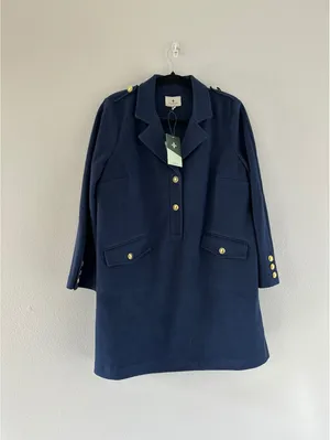 Tuckernuck Malia Dress Navy Blue Gold Button Knit A-Line Size M thumbnail 5