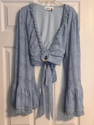 Buckle’s Willow & Root Chambray Blue Crochet Fringed Boho Bell Sleeve Crop Top M thumbnail 3