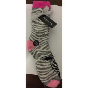 Olivia + Joy Womens OS Fuzzy‎ Socks Slippers Grey Zebra Print Pink Accents New thumbnail 3