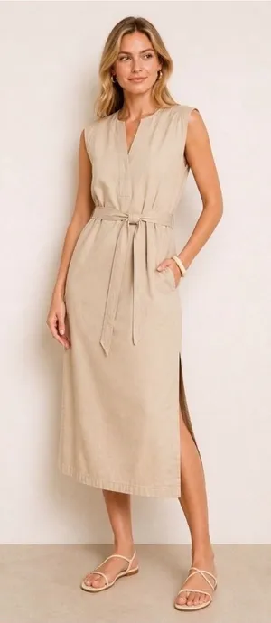 Mon Renn Beige Sleeveless Belted‎ Midi Dress Utility Sand Size XS MRS124004 thumbnail 1