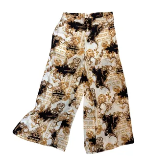 TIMING Wide Leg Pants Womens Size M White Gold‎ Black Baroque Scroll Print NEW thumbnail 1