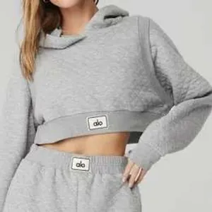 Alo Yoga Hoodie Womens Large Grey Quilted‎ Arena Cropped Pullover Sweatshirt thumbnail 1