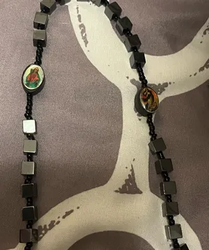 Black Beaded Rosary Necklace with Gold Cross thumbnail 1