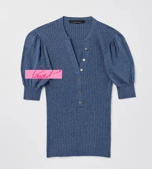 White House | Black Market Elbow Sleeve Cashmere Blend Puff Henley Sweater Blouse V-Neck Fuzzy Ribbed thumbnail 6