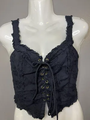 Urban Outfitters Tank Top Womens Small Black Embroidered Floral Lace Up Cropped thumbnail 1