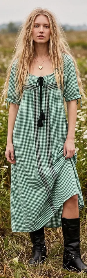 Free People Bohemian Embroidered Gingham Seersucker Cass Maxi Dress Green Small thumbnail 1