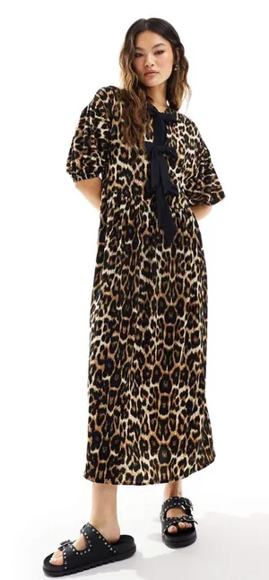 ASOS DESIGN puff sleeve tie front maxi dress in leopard print thumbnail 1