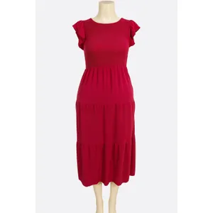Zesica Smocked Elastic Waist Tiered Midi Dress with Flutter Sleeve Plum Size M thumbnail 2