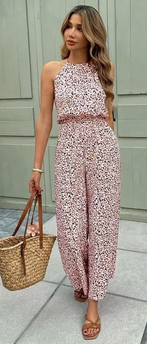 ✨ Boho Floral Halter Jumpsuit • Wide Leg • Size S 🌸 thumbnail 1