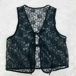 VINTAGE‎ Sheer Black Lace Tie Front Vest Top Small Goth Fairycore Grunge Y2K 90s thumbnail 4