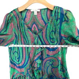 Anthropologie Trinity Blouse M Green‎ Silk Paisley Sheer Ruffle Forest Fairy Top thumbnail 5