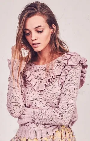 LOVESHACKFANCY Natalie Long Sleeve Pullover Sweater Pink Womens M thumbnail 1