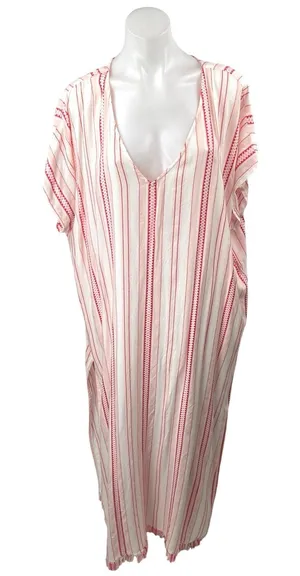 NEW En Creme White Red Striped V-neck Short Sleeve Maxi Kaftan Dress Size 18 thumbnail 1