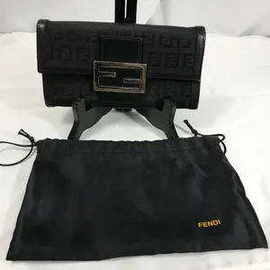 Fendi Zucchino Vintage Black Logo Flap Wallet Clutch with Silver Buckle EUC thumbnail 1