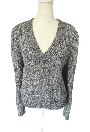 Loft black and white marled long sleeve v-neck stretchy pullover sweater M thumbnail 1